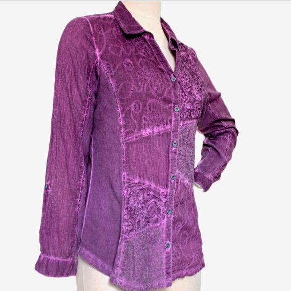Greater Good Cotton Mixed Media Button Down Shirt Sz S Purple BOHO Indie 96C - Picture 2 of 9
